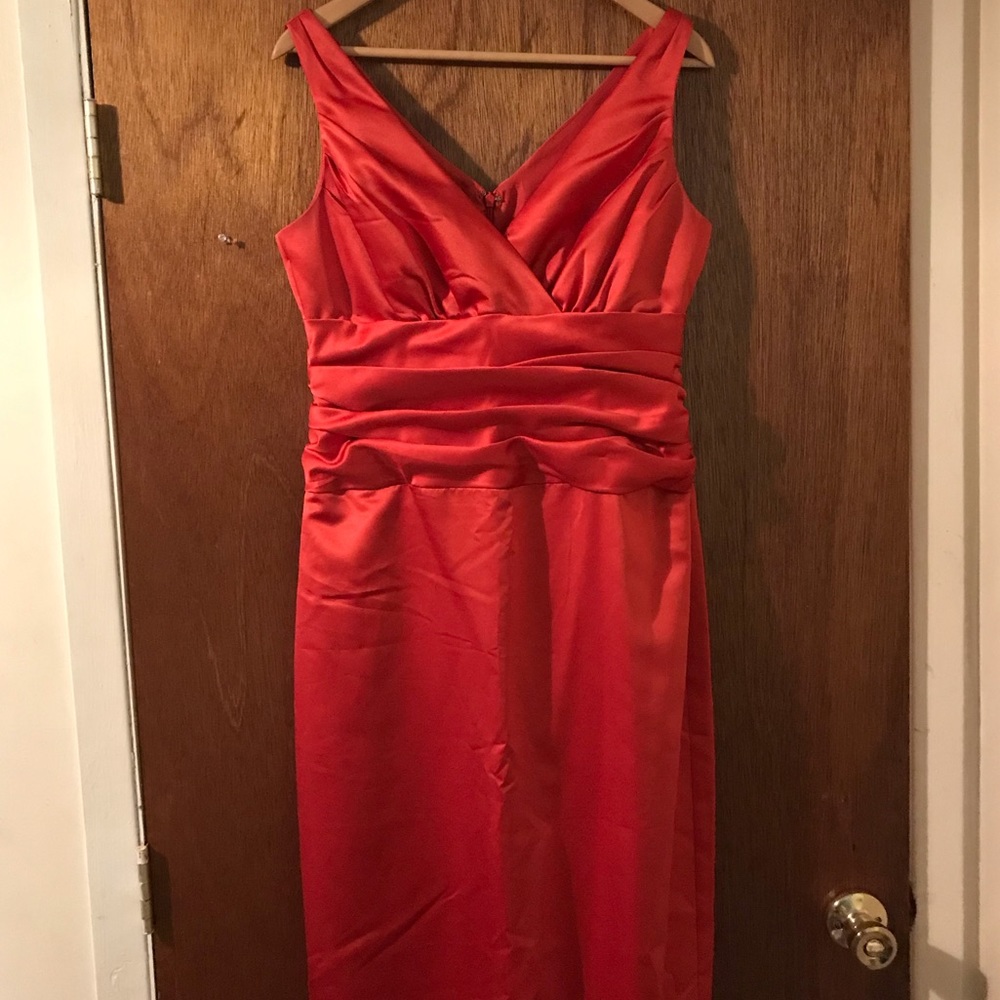 Persimmon colored ankle length bridesmaid dress